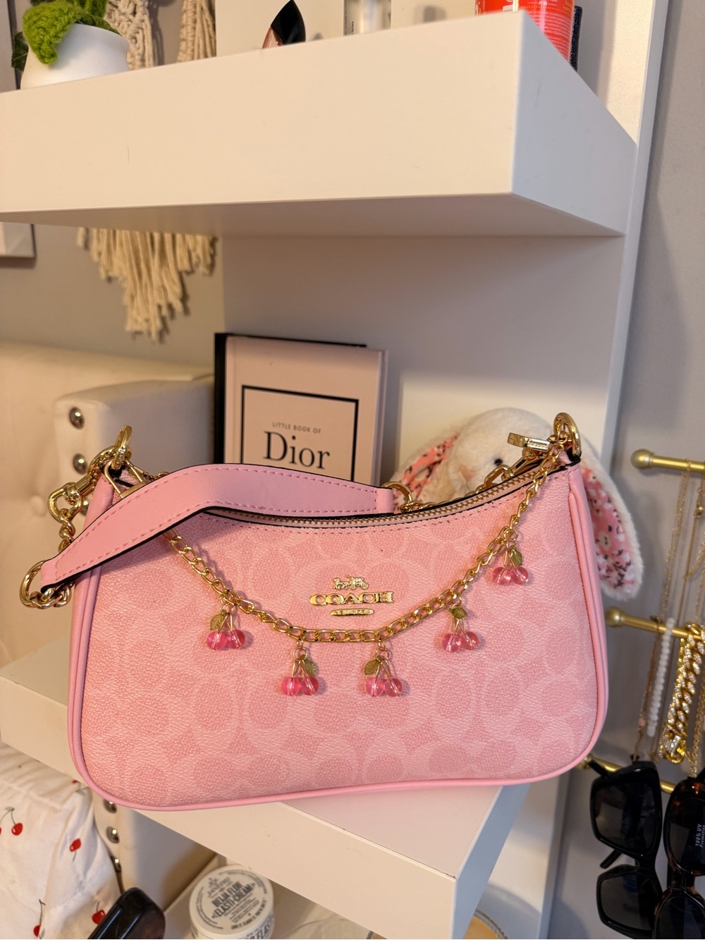Coach Teri Pink Signature Chain-Accent Shoulder Bag with Charm Drops
